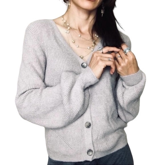 Joie Lilac Fuzzy Balloon Puff Sleeve V-Neck Cardigan - M - Picture 1 of 11
